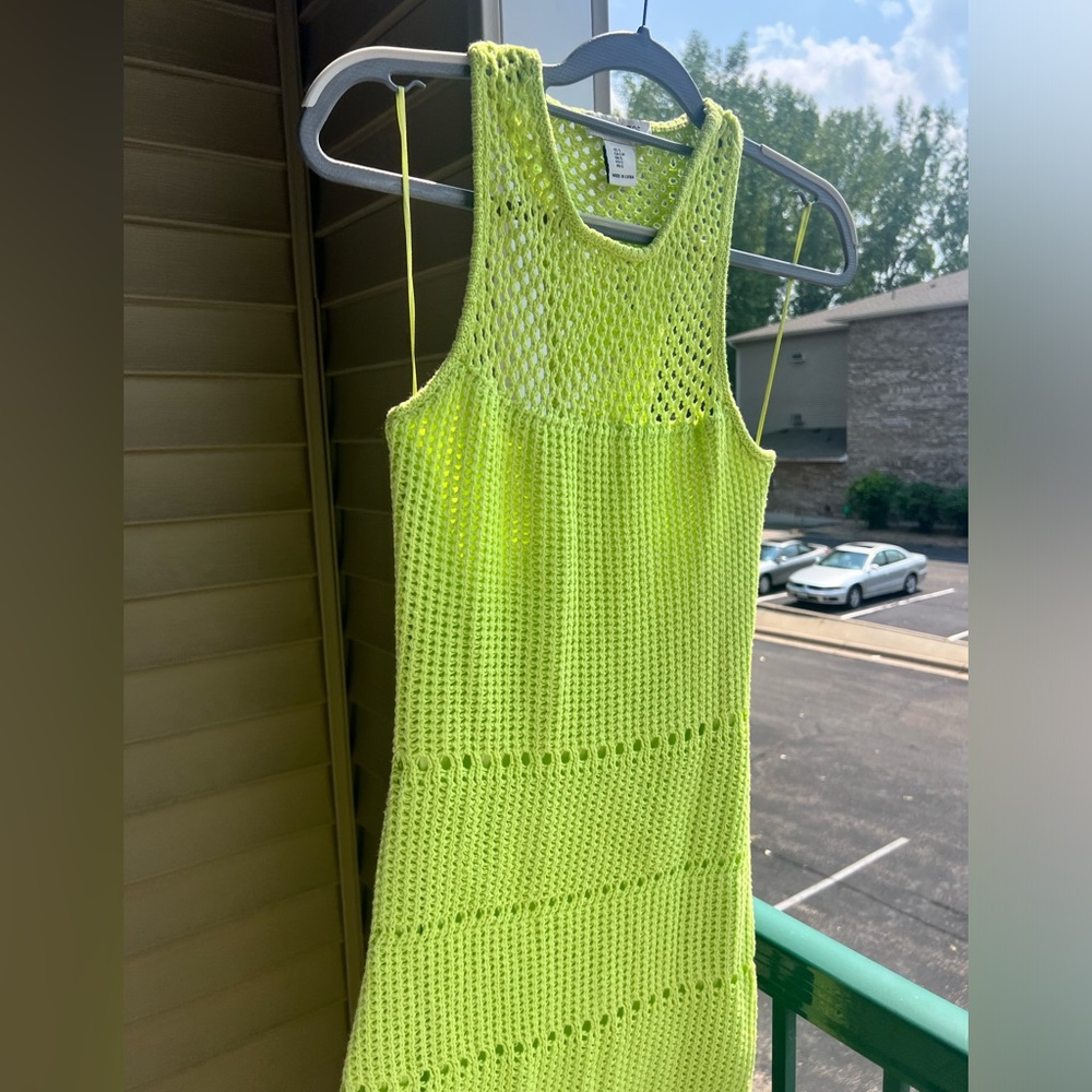 🆕Rachel Zoe Neon Lime Crochet Knit Maxi Dress Size S Boho Resort Beach Cover-Up - Picture 5 of 15